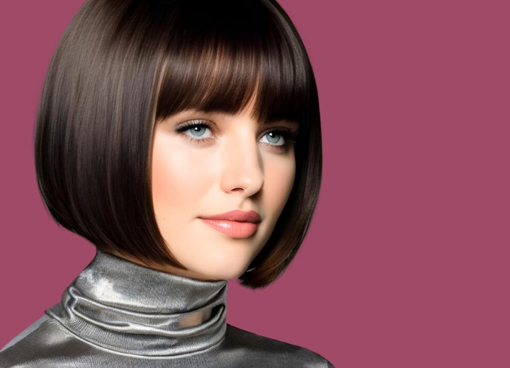 Short and slightly angled bob with bangs and a shiny silver turtleneck