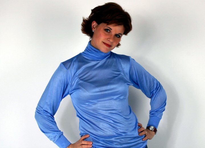 Blue, smooth and shiny silk turtleneck