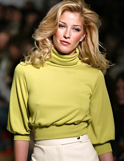 Hair with flowing curls and a cowlneck top