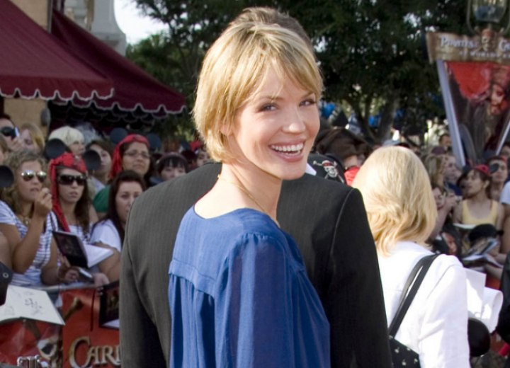 Ashley Scott wearing a Yale blue pirate shirt