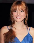 Bella Thorne wearing a hairstyle with long bangs and a ponytail