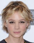 Carey Mulligan sporting short and tousled hair with side bangs