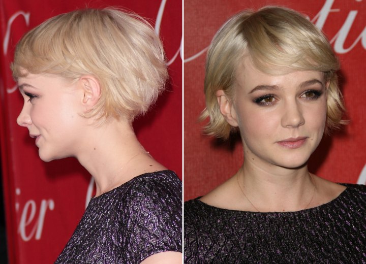 Side view of Carey Mulligan's short hairstyle with a clipped up bac