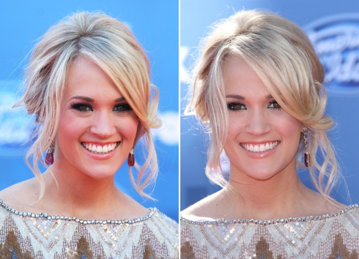 Carrie Underwood with her hair in a loose updo with side tendrils