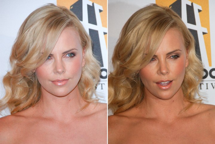 Charlize Theron's wavy blonde hair with foils