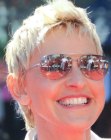 Ellen DeGeneres wearing her blond hair in a pixie cut