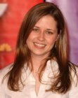 Jenna Fischer wearing her long hair with one side behind her ear
