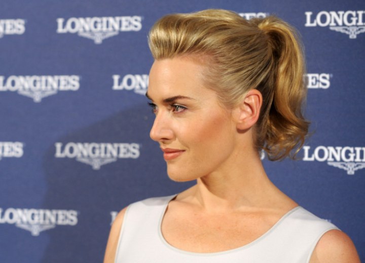 Kate Winslet wearing an up-style with a small ponytail