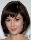 Mary Elizabeth Winstead wearing a short angled bob with bangs