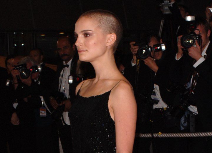 Natalie Portman with her hair shaved very short