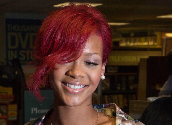 Rihanna with bangs over one of her eyes