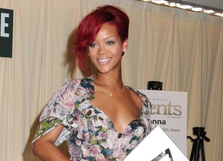 Rihanna with short cherry color hair