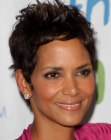 Halle Berry wearing her hair in a pixie cut with styling for height