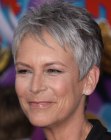 Jamie Lee Curtis sporting her signature pixie hairstyle for grey hair