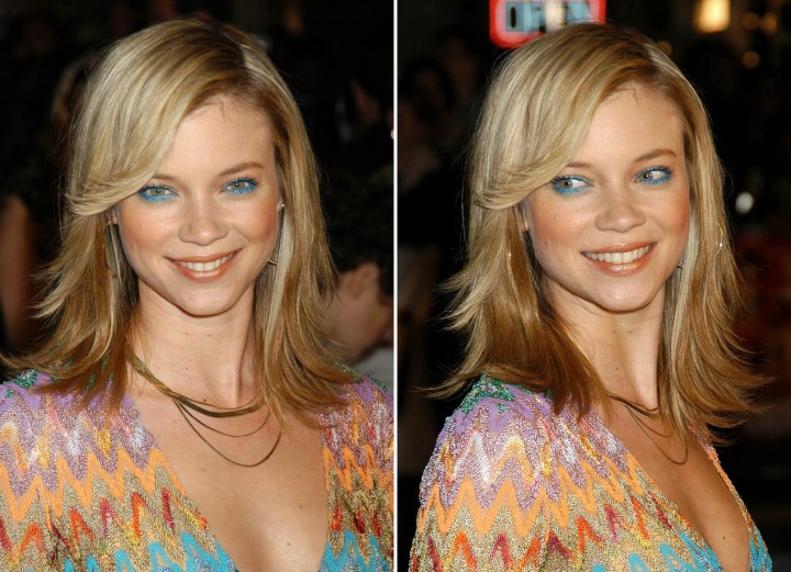 Amy Smart with a blonde jagged hairstyle
