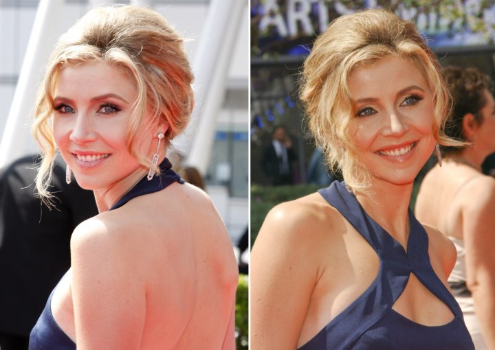 Sarah Chalke with brushed up hair
