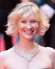 Joanna Page sporting a short chin-length bob with layers and styling for volume