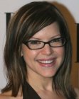 Lisa Loeb wearing a smooth and blunt cut shoulder length hairstyle with bangs