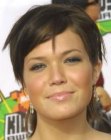 Brunette Mandy Moore with wearing short hair with side bangs