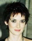 Winona Ryder with her hair cut short and above the ears