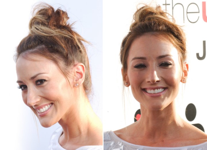 Bree Turner wearing her hair up with a topknot