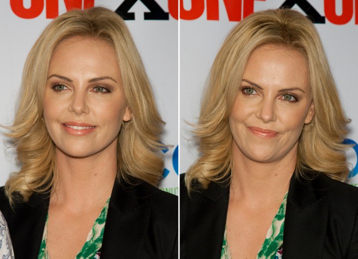 Charlize Theron's hair curled away from the face