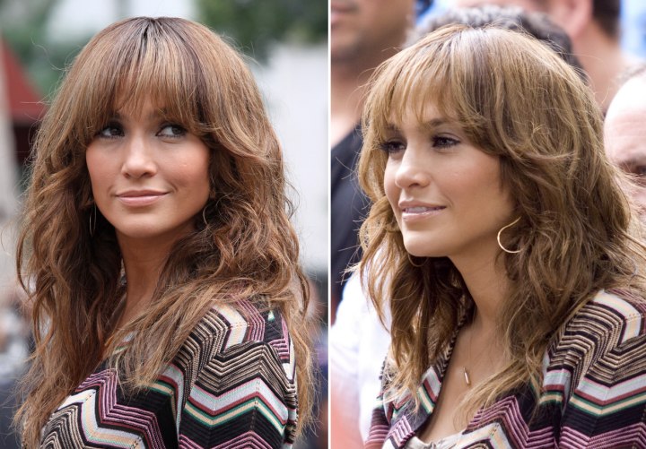 Jennifer Lopez wearing her hair long with bangs