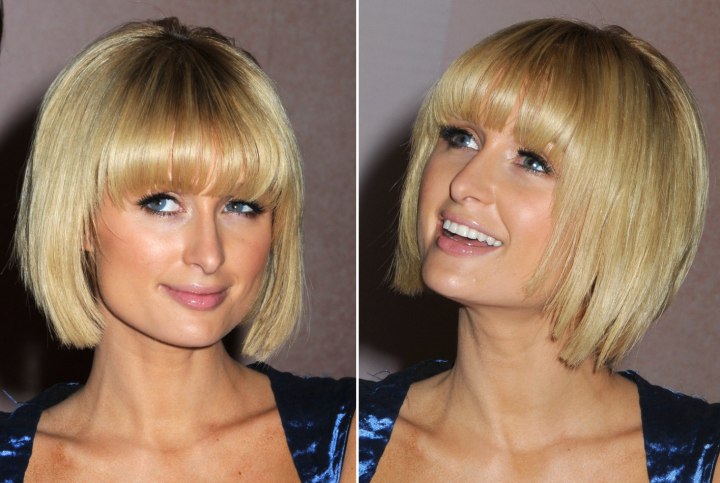 Paris Hilton wearing her hair in a bob with bangs over the brows
