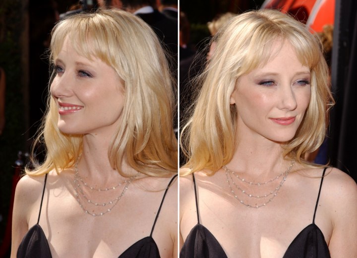 Side view of Anne Heche's long layered hairstyle