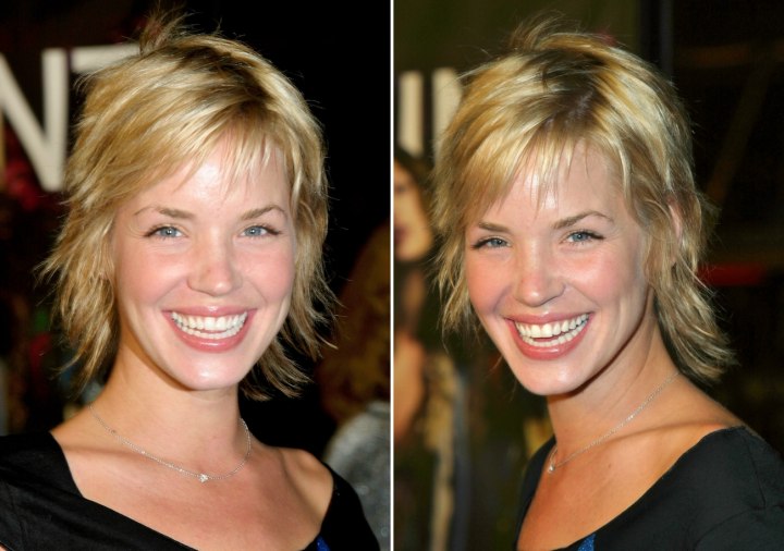 Ashley Scott sporting hair with chopped ends for the I just got rained on