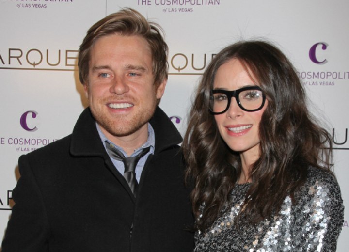 Abigail Spencer with Andrew Pruett and wearing glasses