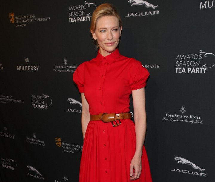 Cate Blanchett wearing a red retro dress