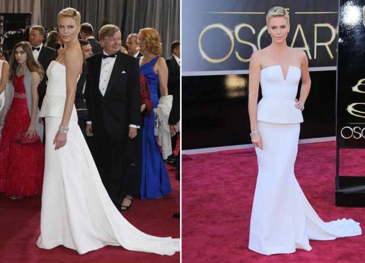 Charlize Theron with short hair and wearing a long white gown