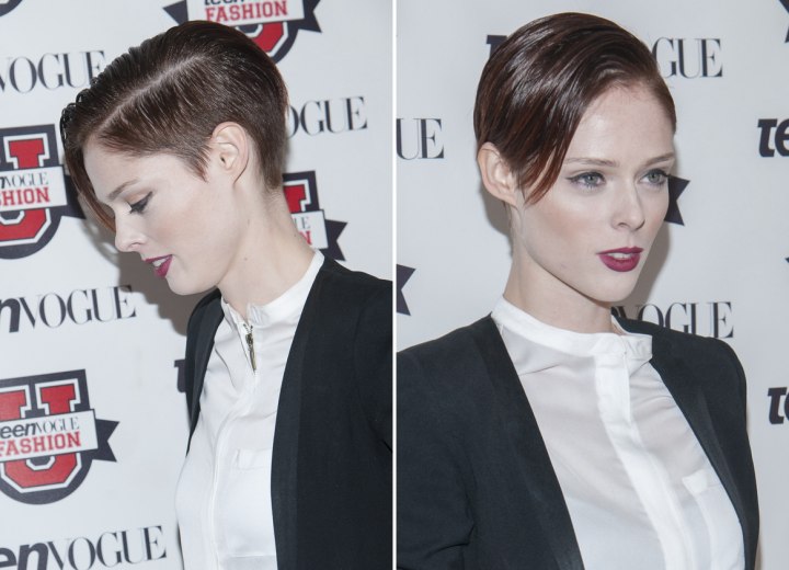 Side view of Coco Rocha's very short hairstyle