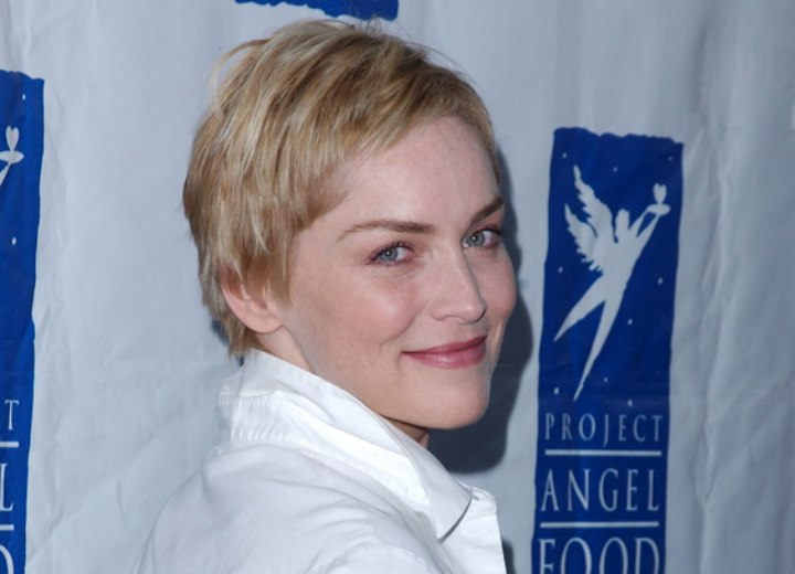 Sharon Stone's pixie cut and upturned blouse collar