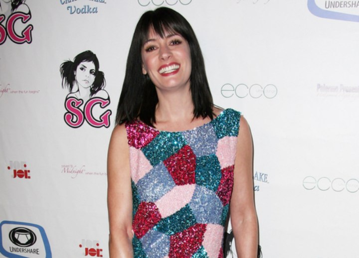 Paget Brewster wearing a patched dress with wintery colors