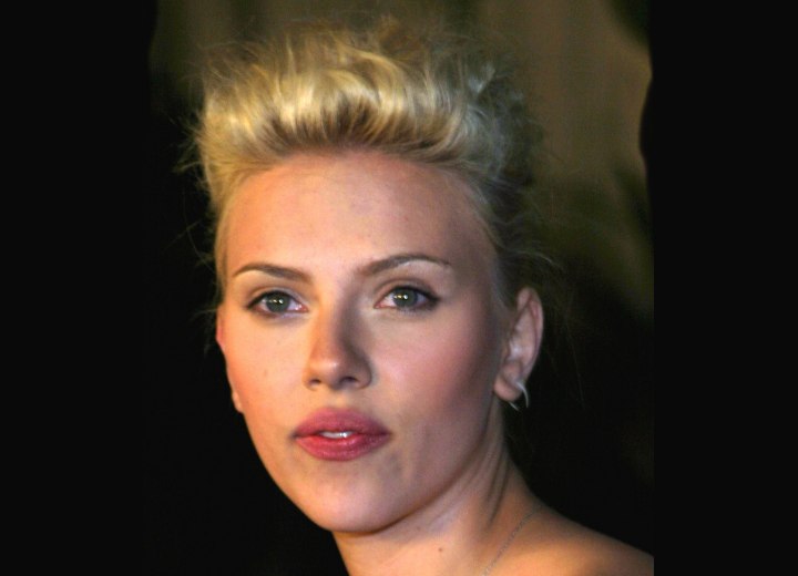 Scarlett Johansson with her hair up and looking short