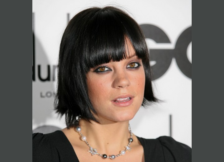 Lily Allen with her hair cut in a chin length bob