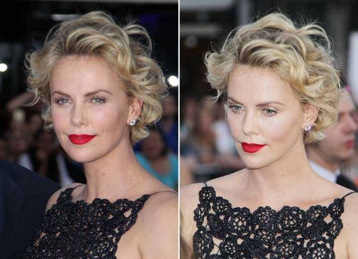 Charlize Theron with short curled hair
