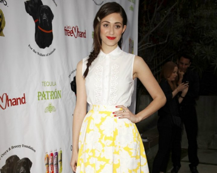 Emmy Rossum's preppy look with a white blouse and a skirt