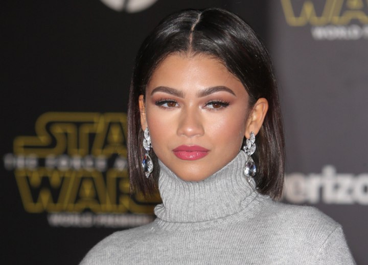 Zendaya Coleman with her hair in a bob and wearing a turtleneck
