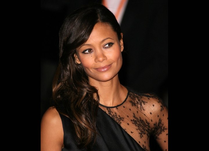 Thandie Newton with her long hair styled to one side