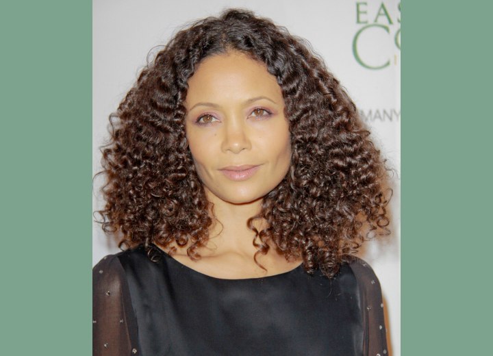 Thandie Newton wearing her shoulder length hair styled into curls