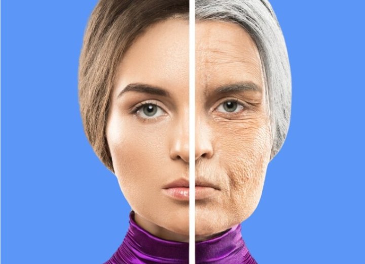 Mujer antes y después del cabello gris