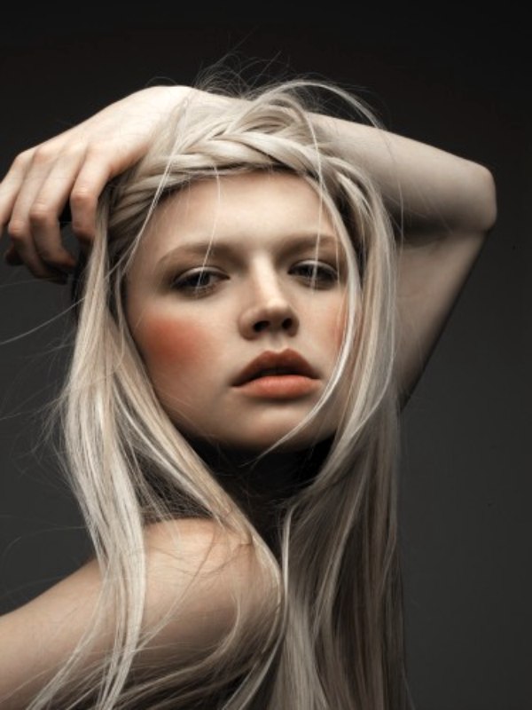 Smooth long hair with a braided fringe area