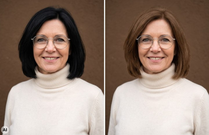 Older woman before and after a lighter hair color