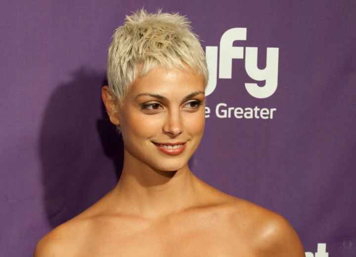 Morena Baccarin with short blonde hair. I do want to offer a serious warning 