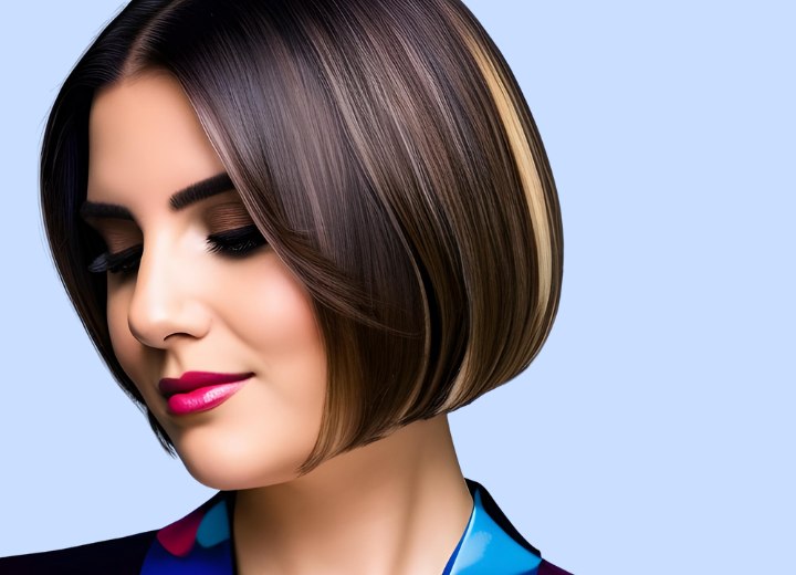 Hair with highlights, cut in a jaw-length bob