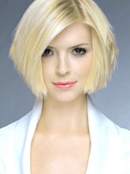 Angled perky bob cut that sits just above the collar