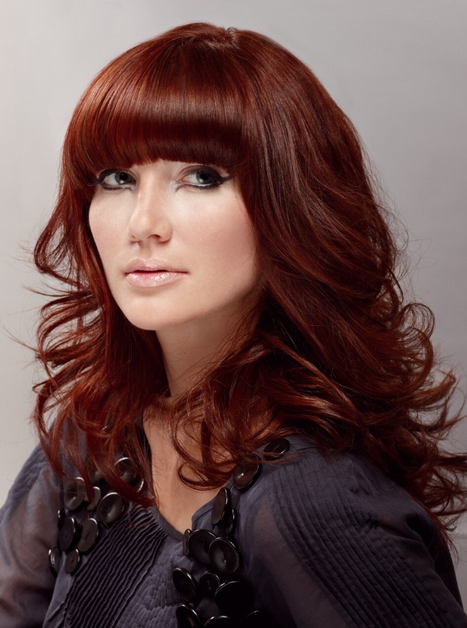 Long Layered Copper Red Hairstyle with Bangs longhair in 2020 Long